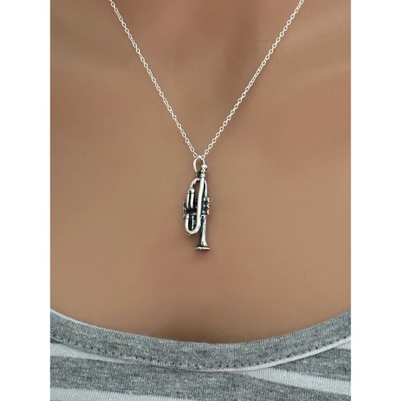 Sterling Silver 3D Trumpet Necklace, Sterling Silver Trumpet Necklace - Picture 2 of 5